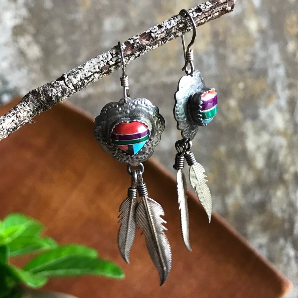 Navajo Sterling Heart & Feather Turquoise Red Coral Jet Malachite Earrings